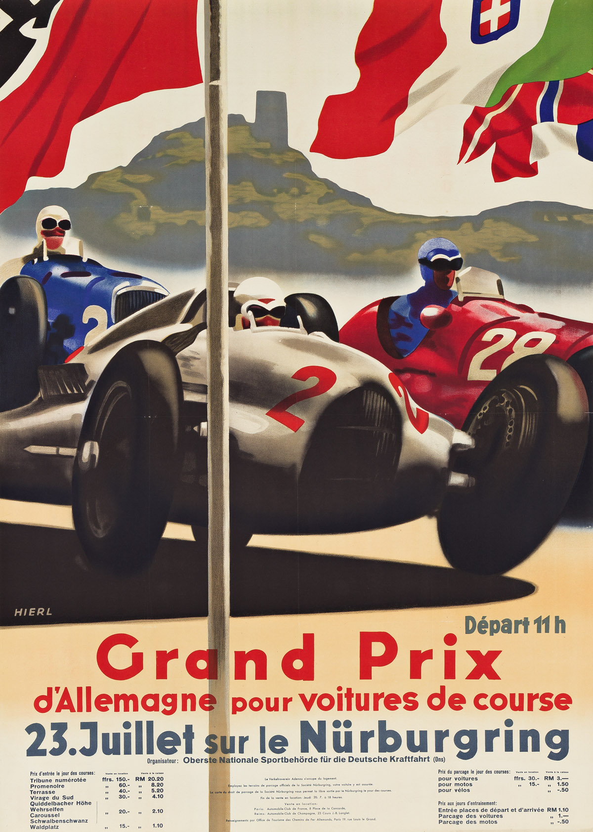 ALFRED HIERL (1910-1950).  GRAND PRIX / NÜRBURGRING. 1939. 46¾x33 inches, 118¾x83¾ cm.